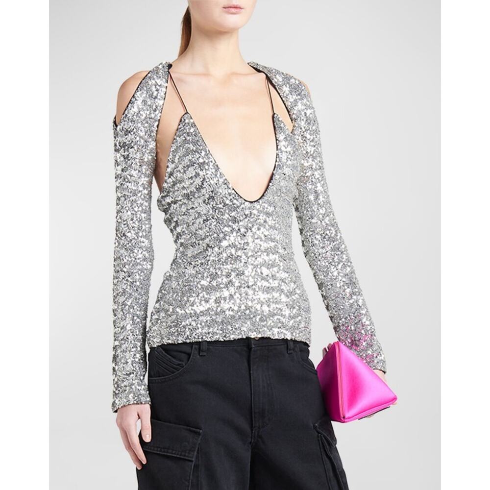 The Attico Zane Sequin Cutout Top in Silver Size IT 36/ US 00